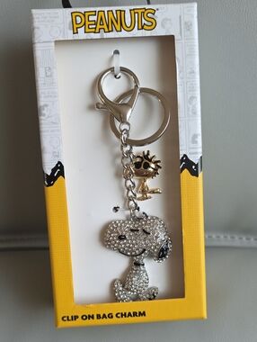 Peanuts Silver-Tone Snoopy Crystal Bag Charm with Black Accents NWT